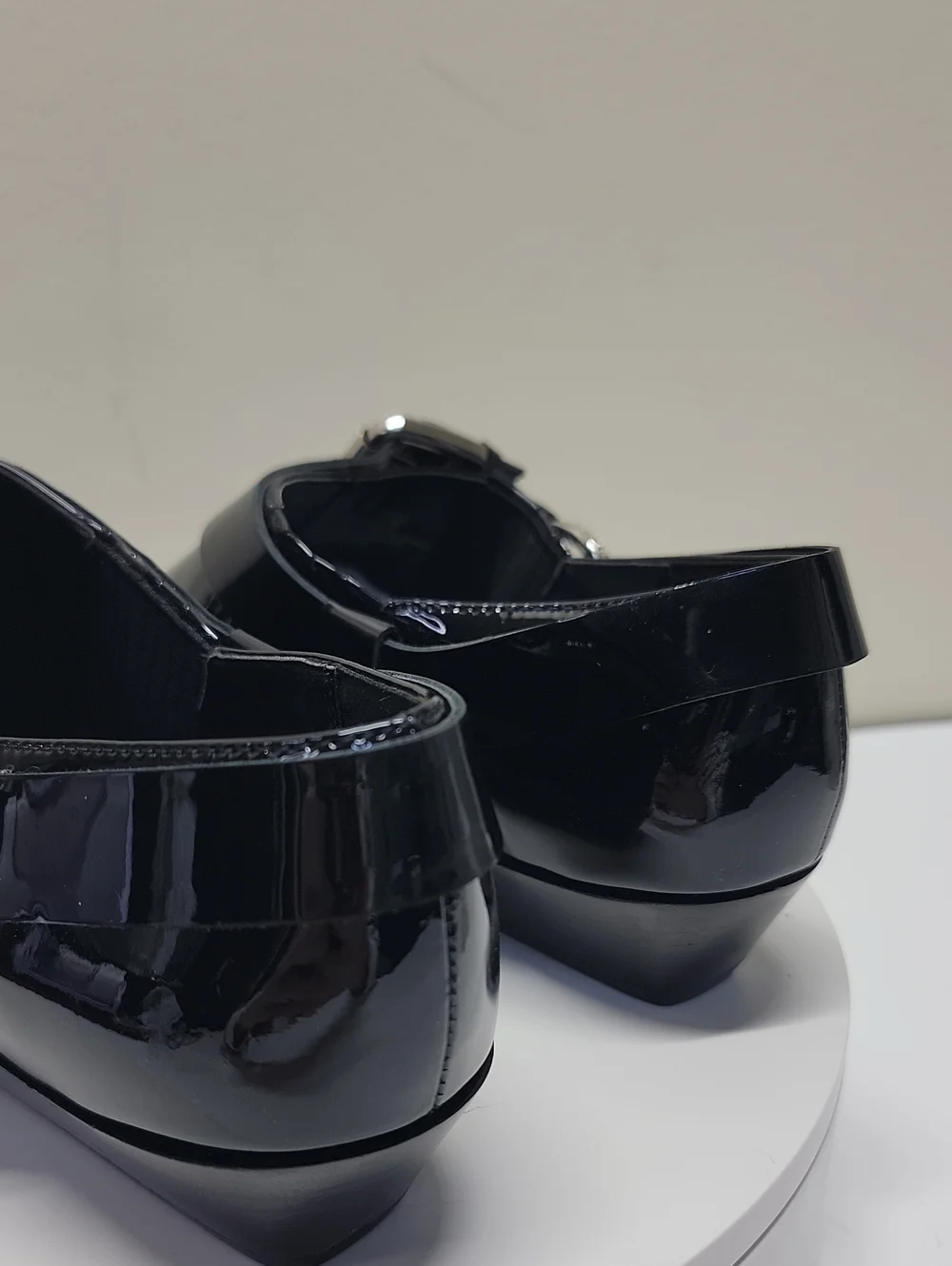 Calvin Klein Black Patent Pointed Toe Strap Shoe Shiny New W/out Box